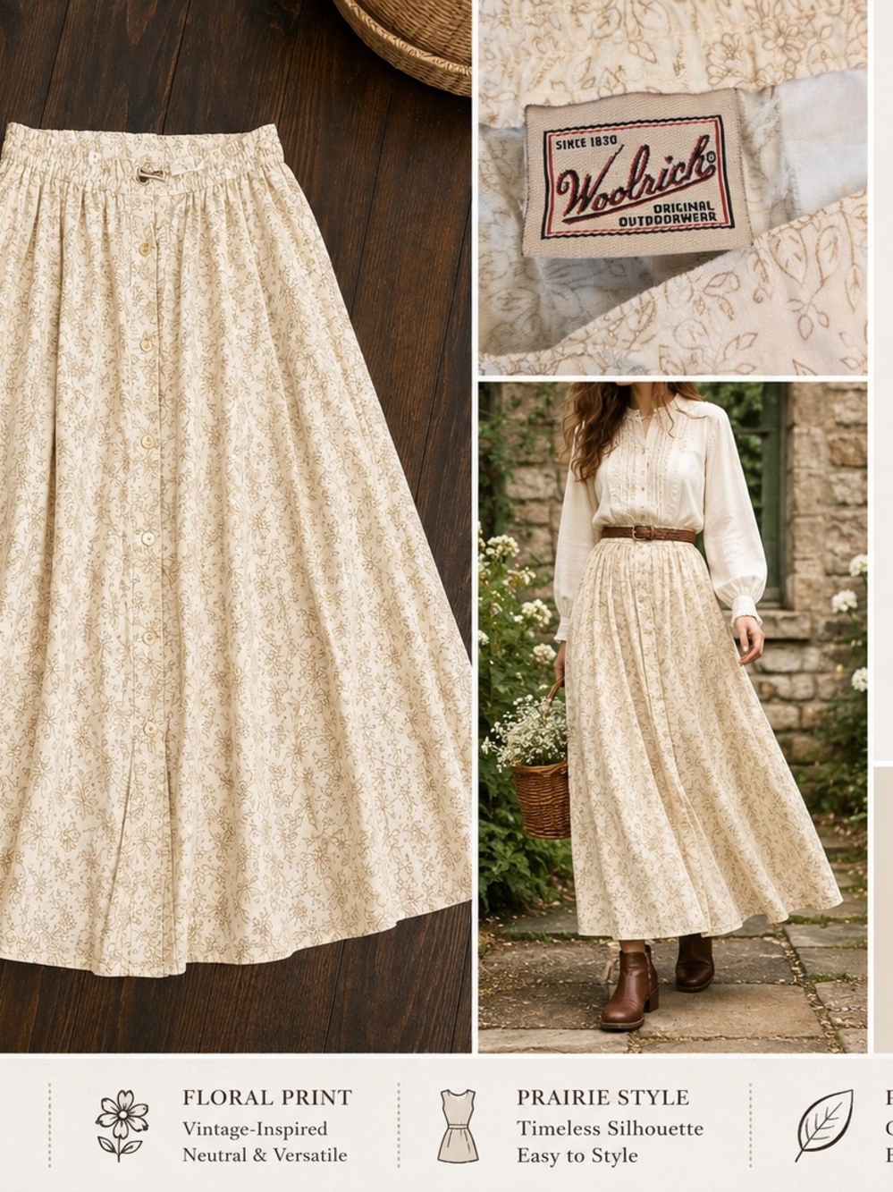 Woolrich VTG Button Maxi Skirt Floral Buttercream Cottagecore SZ M/L Waist 31